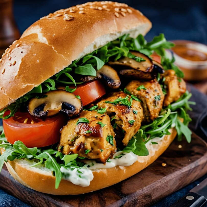A chicken and mushroom sub sandwich with tomatoes, arugula, and white sauce on a wooden board.