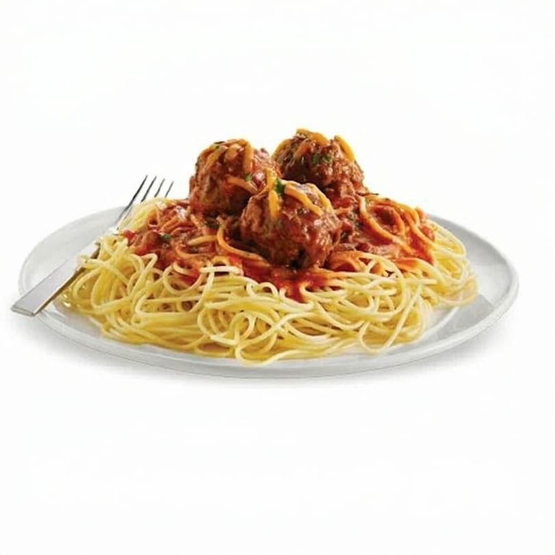Spaghetti with three large meatballs covered in red sauce and shredded cheese, with a fork.
