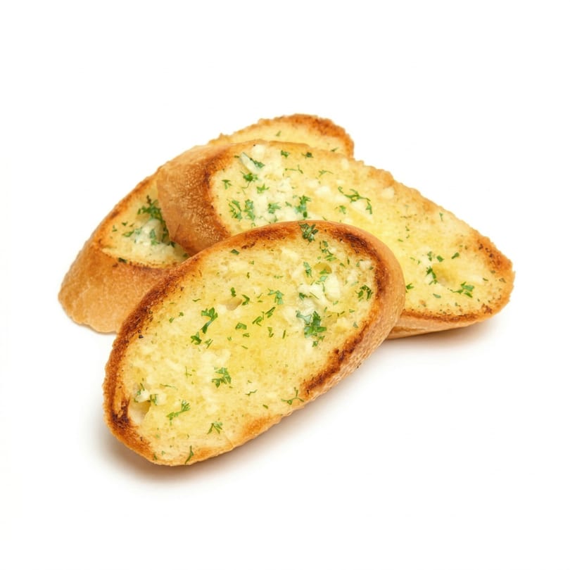 Three slices of golden-brown garlic bread with green herbs on a white background.